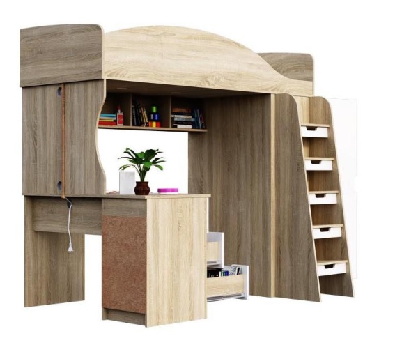 Детская Кровать-Чердак Сэнди Дуб Сонома/Белый Глянец (Д-1235 х В-1820 х Г-2038 мм)
